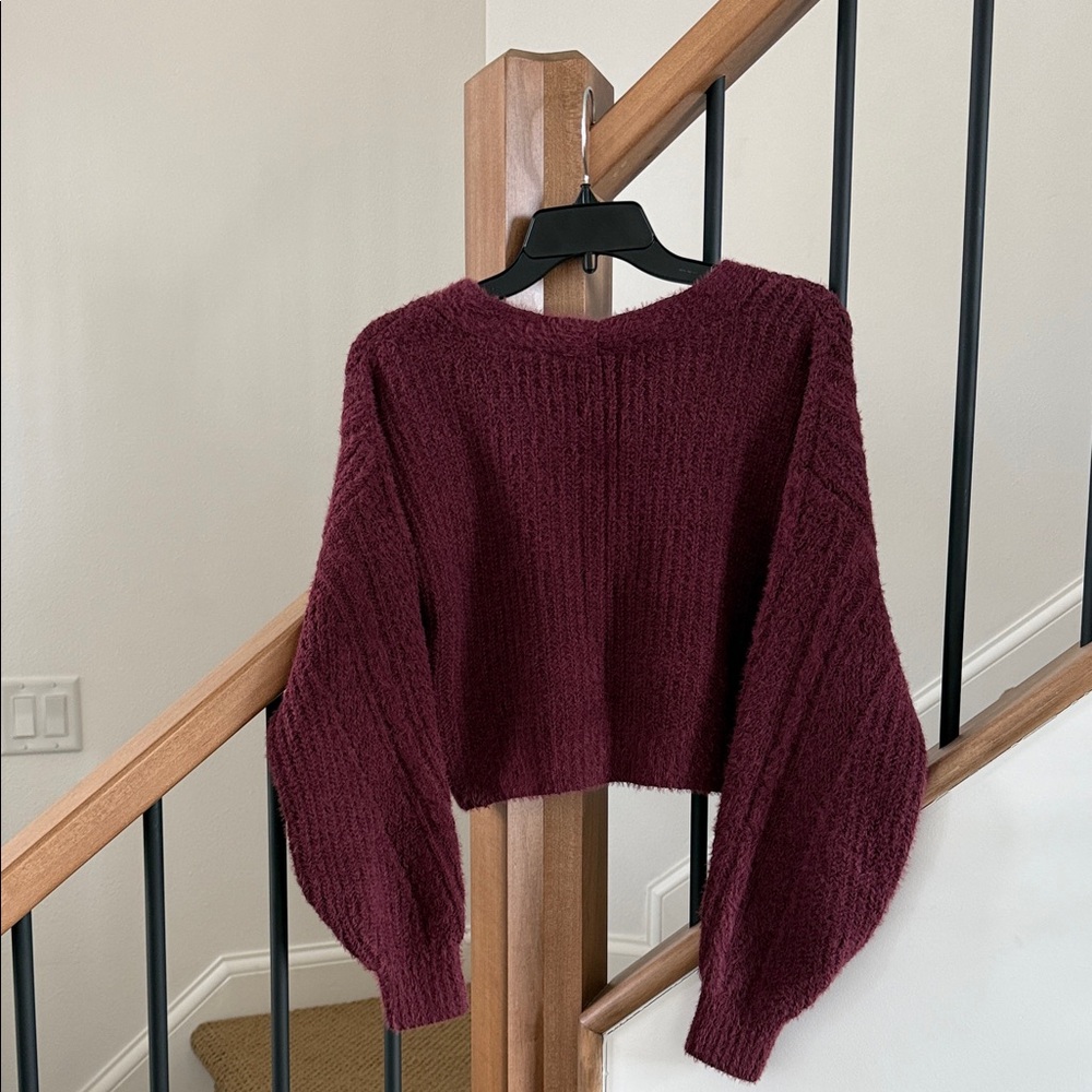 Abercrombie & Fitch Soft A&F Cropped V-neck Cardigan Burgundy Wine Size S - Picture 7 of 7